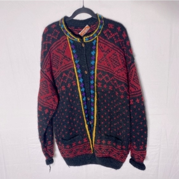 Vintage Namaste Woolens Handmade Wool Jacquard Knit Crew Neck Button Cardigan XL - Picture 13 of 13